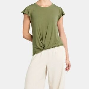 NEW Time And Tru Olive Green Flutter Sleeve Twist Top Sz S